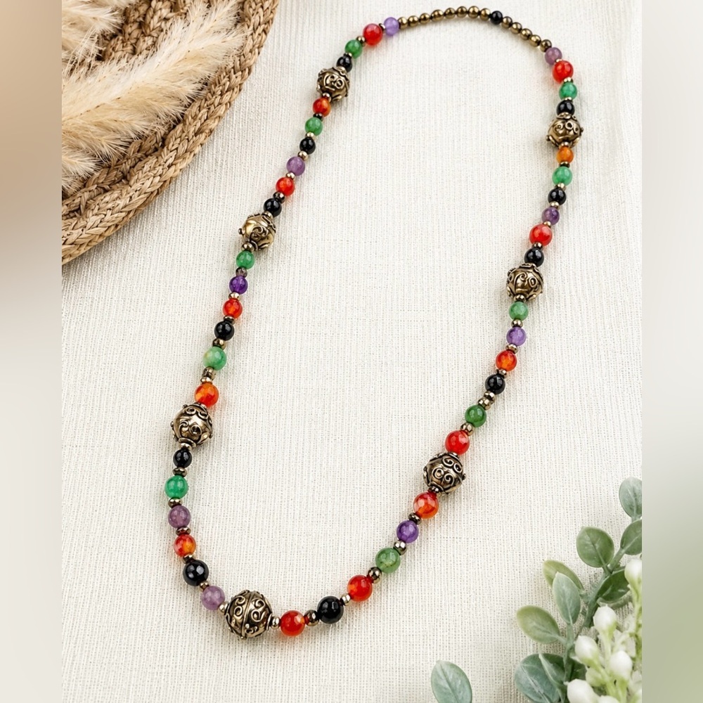 Vintage Artisan Multicolor Beaded Necklace Floral Spacer Beads Boho 24”